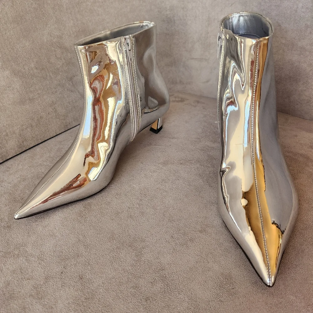 Gianni Bini Booties 6.5 Silver Mirror Georgina Kitten Heels Pointed Toe New $140